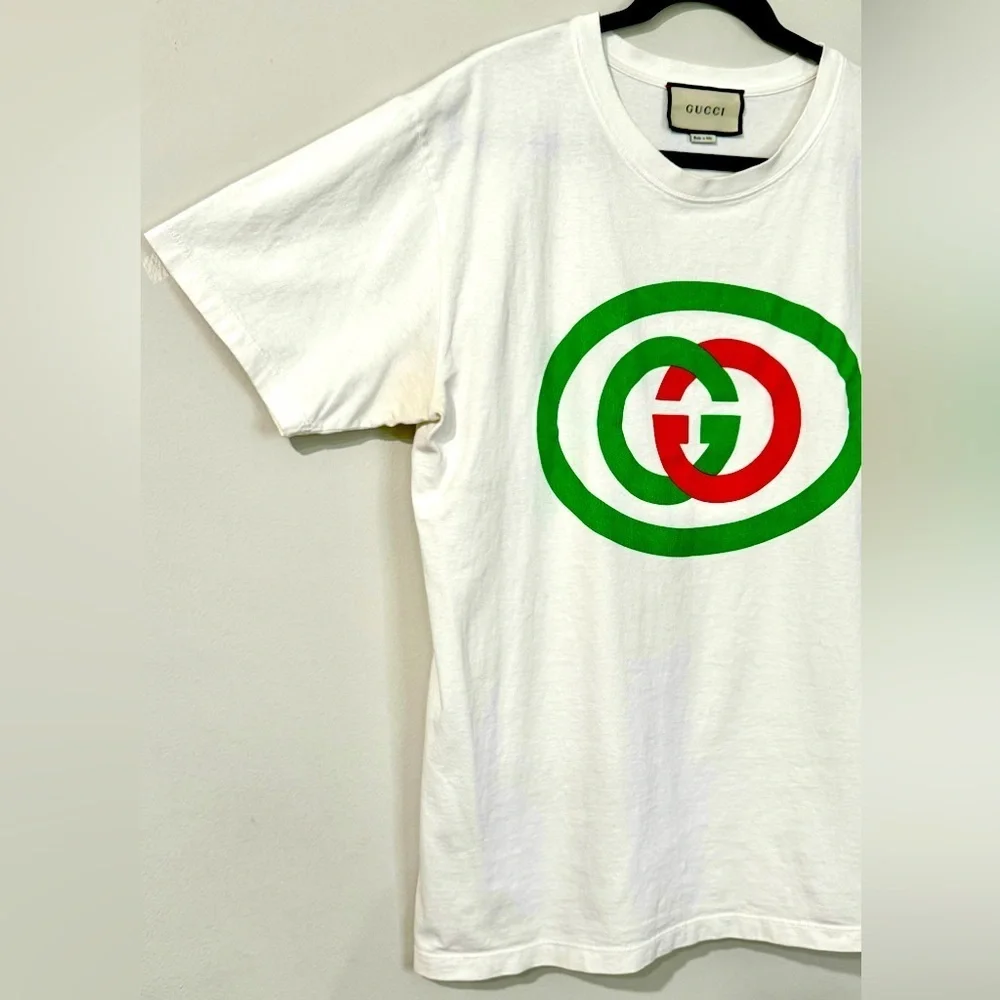 Gucci T shirt Authentic Classic GG Oval Logo Off White Short Sleeve Size L Used!